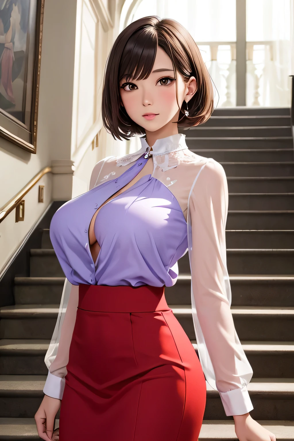 One Woman, alone, middle aged, Beautiful middle aged woman、I could see the whole body、 ((short hair)), ((Brown eyes, Beautiful eyelashes, Realistic eyes)), ((Detailed face, blush:1.2)), ((Smooth texture:0.75, Realistic texture:0.65, Realistic:1.1, Anime CG style)), ((Glamorous Body)),((Big Breasts)), Dynamic Angle, Perfect body, ((Light purple transparent blouse, Red Skirt))、(Hotel stairs)、that&#39;the wind is strong、(Very embarrassing panic smile)、I can see her panties peeking out in front of me.., Angle looking up from the top of the stairs、 (((The wind blew up her skirt、Your pants are completely visible..、Pink Floral Panty Star Piece, Highest quality, High resolution, Pixel perfect, 8k,))), 