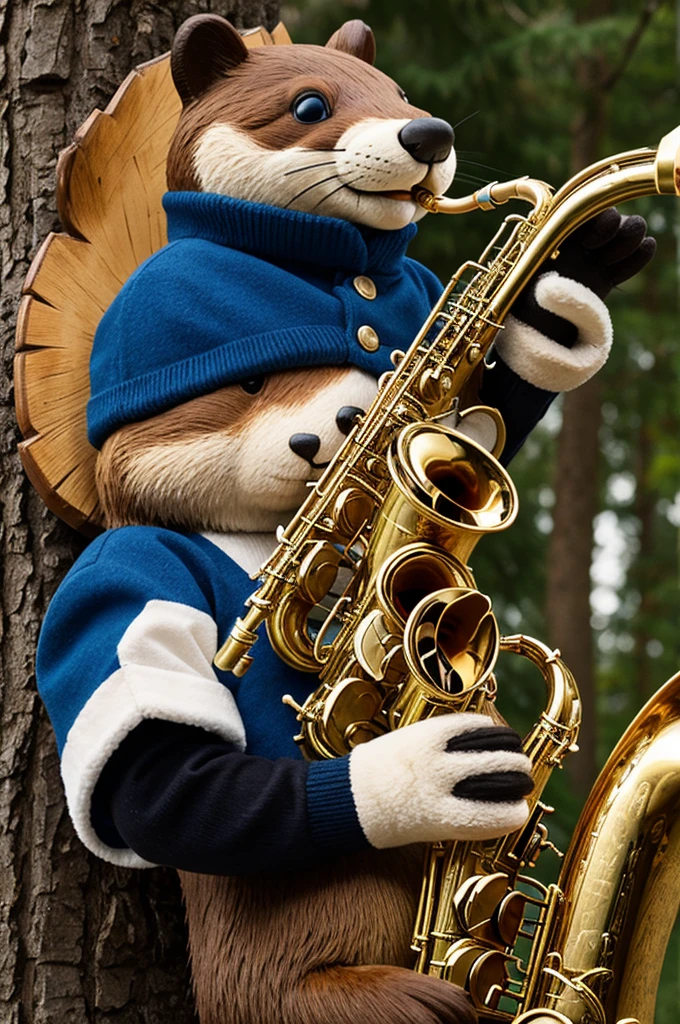 Beaver with mittens playing the saxophone