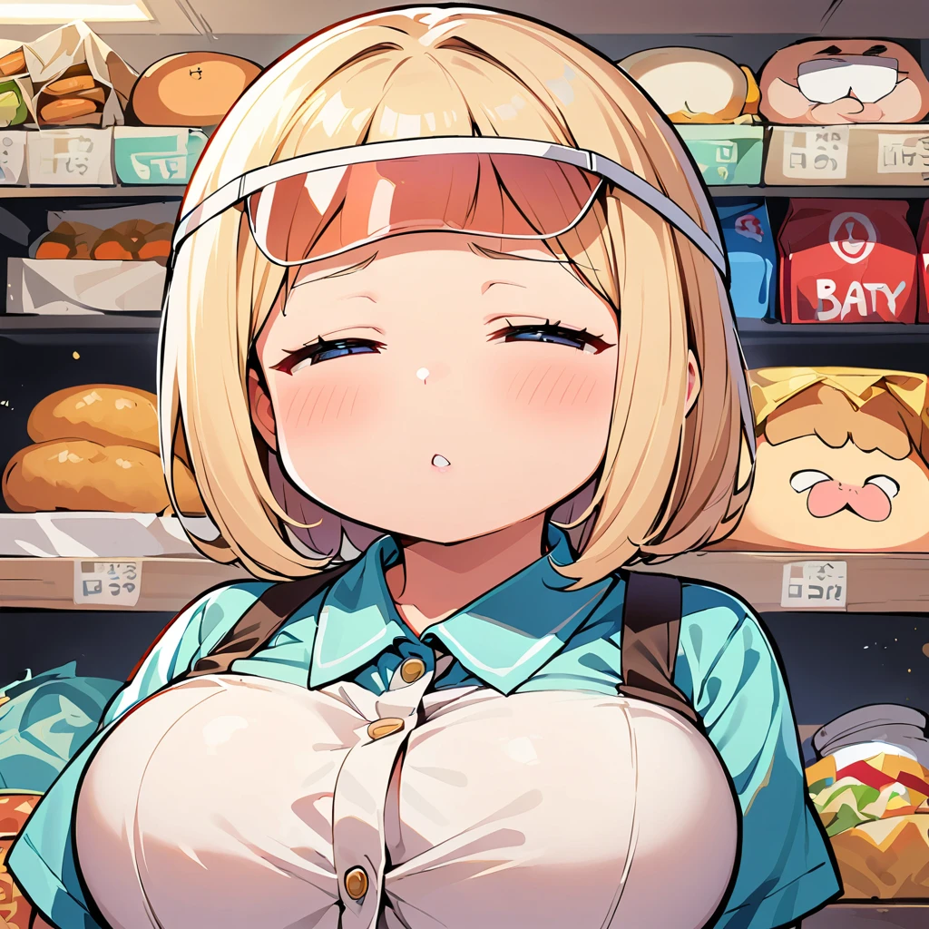 1 girl, Whole body image、 Gal、Brown eyes, Glowing Skin、Long blonde hair,, ((convenience storeの制服を着用:1.4))、Large Breasts, , High resolution, Ultra Sharp, 8k, masterpiece、convenience store、sweating、Embarrassed expression、Navy blue pleated skirt、Pink panties、Vibrator in panties、Panty shot、Angle from behind