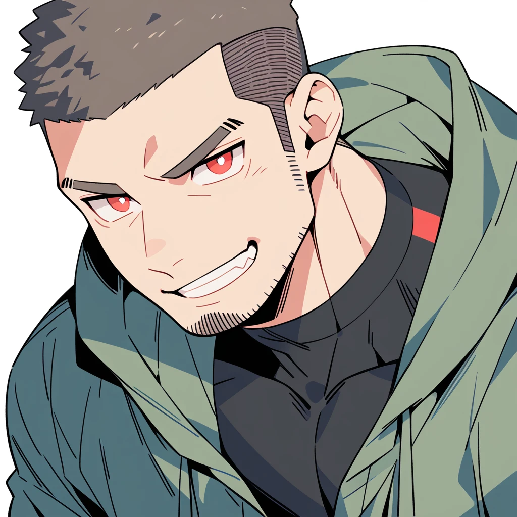 anime characters:Priapus, Muscle Sports Student, Buzz Cut, Manliness, male focus, Sports tight hooded sweatshirt, Wear a high-necked tights underneath, Very tight, full and perky chest muscles, muscular male, muscular, only, Upper body, alone, Red short hair, Thick eyebrows, stubble, Brown-red pupils, White background, simple background, amazing quality, best aesthetics, Ridiculous, crew cut, smirk, bright pupils, grin, negative space, negative space, best quality