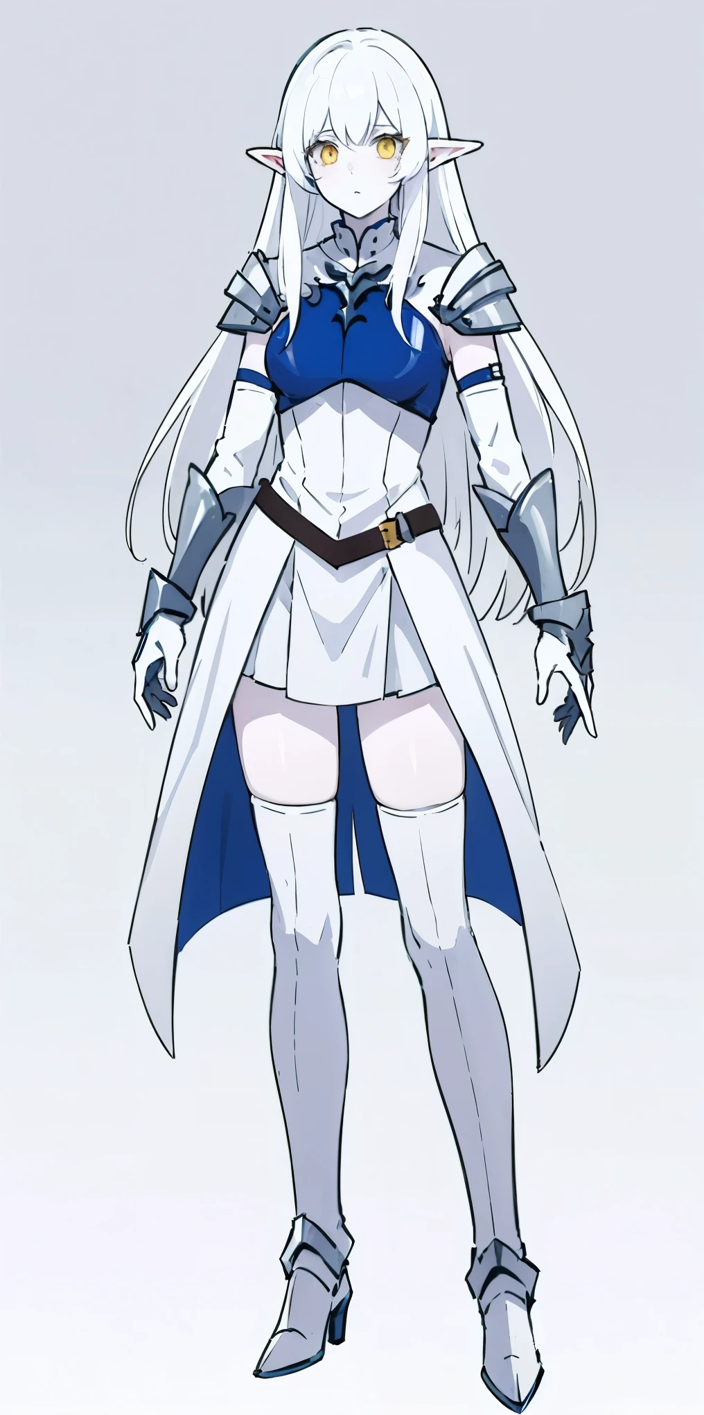 masterpiece, best quality, high quality, white SKIN elf, long hair, white hair, yellow eyes, full body, def_effie, blue breastplate, white skin, looking at viewer, shiny, armor, thigh highs, high boots, shoulder armor, faulds, poleyn, gloves, gauntlets