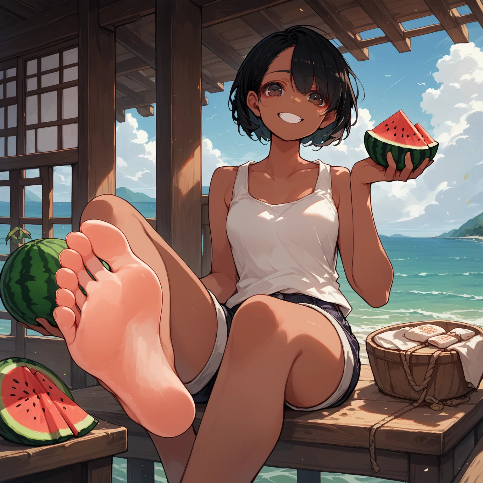score_9, score_8_up, score_7_up, source_anime, high res image, masterpiece, best quality, 1 girl, Brown skin, shiny hair, ultra detailed eyes, eye highlights, short hair, black hair, brown eyes, white tank top, short shorts, smile,foot focus、 (eating watermelon:1.1), holding watermelon with both hands, verandah, japanese home, sitting, cetus,ocean in the distance