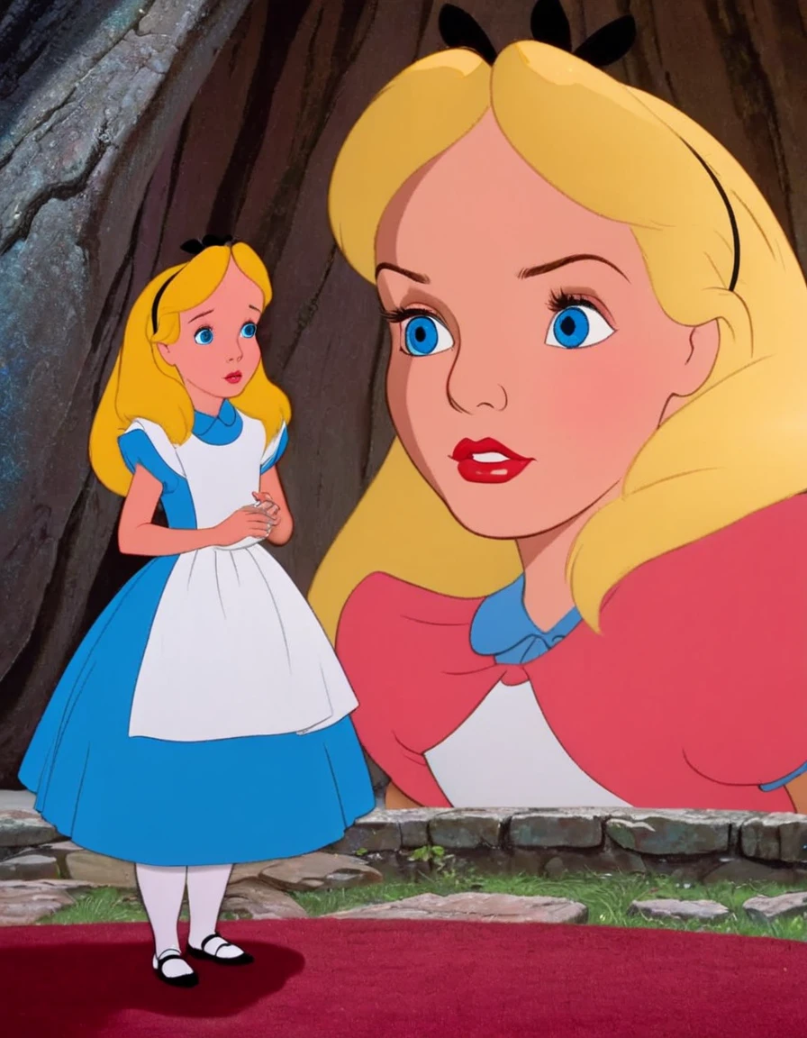 wxaliwonlan,1 girl, alone, long hair, blue eyes, blonde hair, dress, (standing in front of a giant woman), Alice (Alice in Wonderland), Disney cartoon, masterpiece, best quality, (intricate details), highly detailed eyes, unique pose, dynamic pose, 35mm, anamorphic, lightroom, cinematography, film grain, HDR10, 8k hdr, Steve McCurry, ((cinematic)), RAW, portra 400 film with color grading, color remarkable, ray tracing, subsurface scattering, hyperrealistic, extreme skin details, skin pores, deep shadows, contrast.
