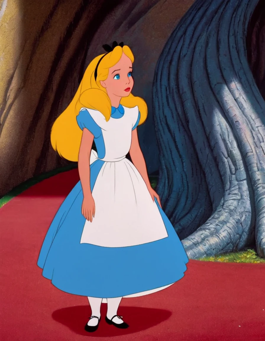 wxaliwonlan,1 girl, alone, long hair, blue eyes, blonde hair, dress, (standing in front of a giant woman), Alice (Alice in Wonderland), Disney cartoon, masterpiece, best quality, (intricate details), highly detailed eyes, unique pose, dynamic pose, 35mm, anamorphic, lightroom, cinematography, film grain, HDR10, 8k hdr, Steve McCurry, ((cinematic)), RAW, portra 400 film with color grading, color remarkable, ray tracing, subsurface scattering, hyperrealistic, extreme skin details, skin pores, deep shadows, contrast.