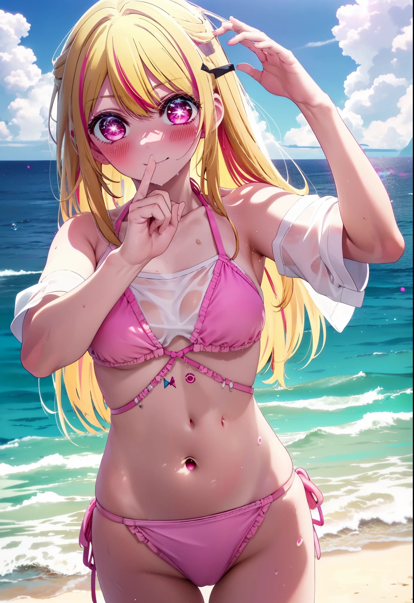 rubyhoshino, Ruby Hoshino, Long Hair, bangs, blonde, (Pink Eyes:1.3), (Symbol-shaped pupil:1.5), Multicolored Hair, smile,blush,Open your mouth,Two-tone hair, Bikini Swimwear,barefoot,Water Play,Wet Hair,Wet Skin,Wet swimsuit,True Summer,Clear skies during the day,
break outdoors, Beach,
break looking at viewer, whole body, (Cowboy Shot:1. 5)
break (masterpiece:1.2), highest qualそれy, High resolution, unそれy 8k wallpaper, (shape:0.8), (Beautiful attention to detail:1.6), Highly detailed face, Perfect lighting, Highly detailed CG, (Perfect hands, Perfect Anatomy),