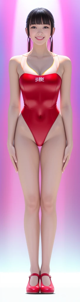 On a white background，A tall and beautiful Chinese girl，with fair skin，Toothy smile，A big smile，When you laugh, Your eyes are crescent-shaped，blunt bangs, long straight hair，Wear a one-piece swimsuit and pumps，Swimsuits are decorated with joyful patterns, Stand up straight，Stand upright，hands on sides，Symmetrical distribution，Ray tracing，All shaded areas，No windows, Soft lighting, Warm light, flood light, n, Studio light, 1.4x Realistic Ultra HD