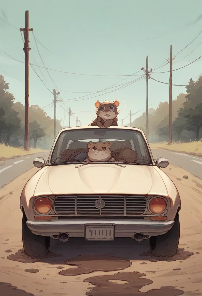A small car，On the mud road
