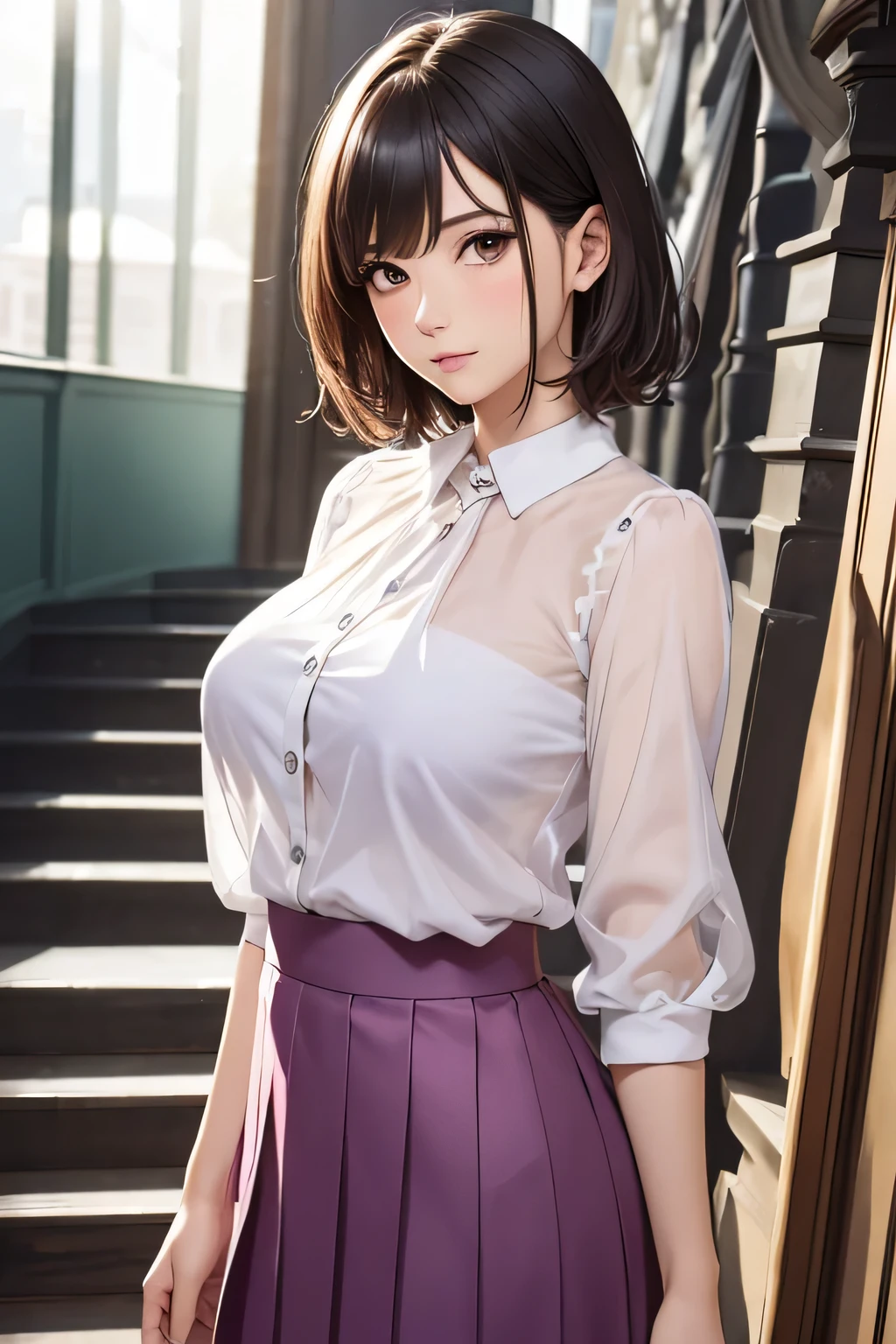 One Woman, alone, middle aged, Beautiful middle aged woman、I could see the whole body、 ((short hair)), ((Brown eyes, Beautiful eyelashes, Realistic eyes)), ((Detailed face, blush:1.2)), ((Smooth texture:0.75, Realistic texture:0.65, Realistic:1.1, Anime CG style)), ((Glamorous Body)),((Big Breasts)), Dynamic Angle, Perfect body, ((Light purple transparent blouse, Red Skirt))、(Hotel stairs)、that&#39;the wind is strong、(Very embarrassing panic smile)、I can see her panties peeking out in front of me.., Angle looking up from the top of the stairs、 (((The wind blew up her skirt、Your pants are completely visible..、Pink Floral Panty Star Piece, Highest quality, High resolution, Pixel perfect, 8k,))), 