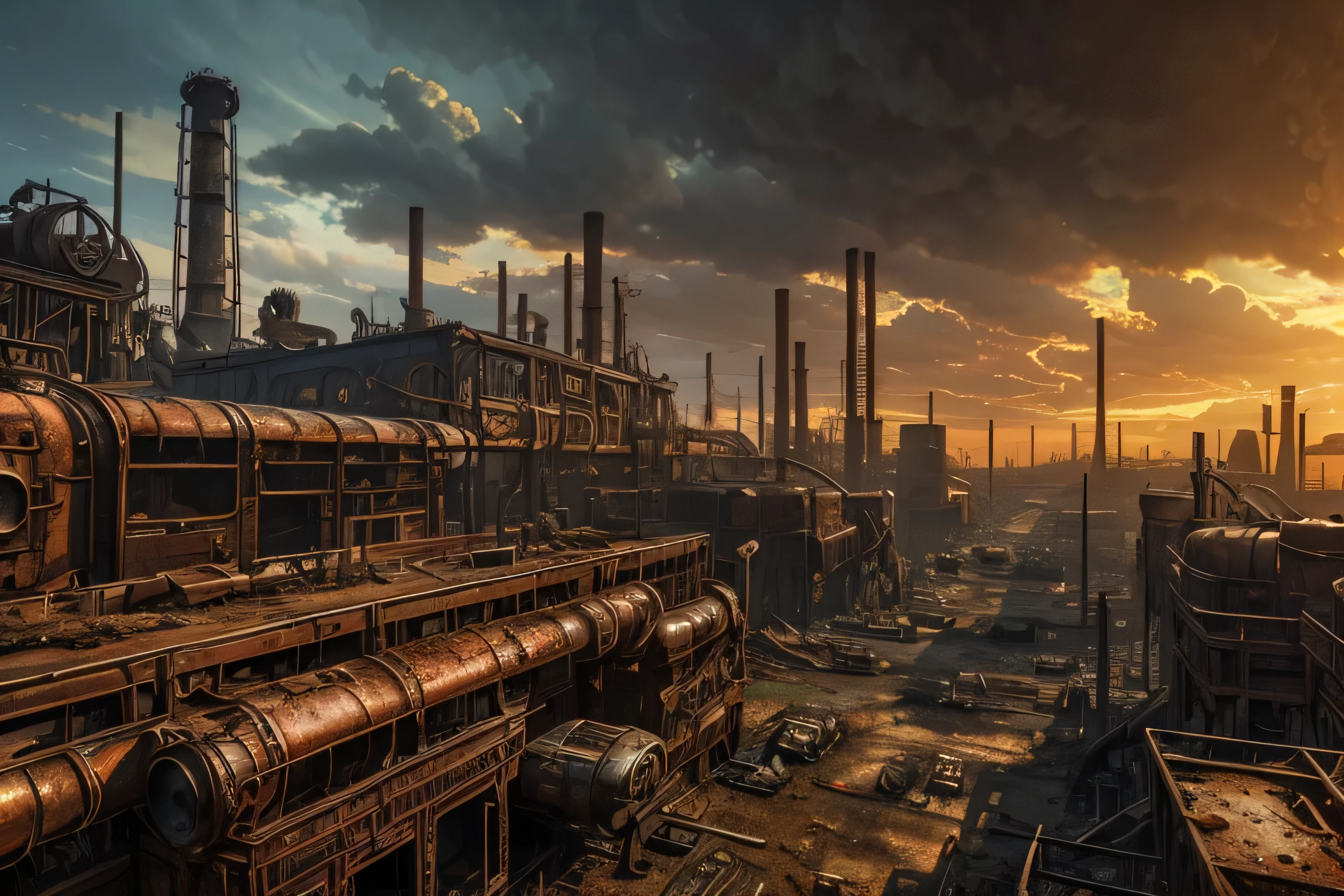 a highly detailed steampunk landscape, a vast post-apocalyptic wasteland, gears, pipes, steam, 8k, best quality, masterpiece, ultra-detailed, sharp focus, photorealistic, cinematic lighting, warm color palette, dramatic dramatic shadows, intricate machinery, rusted metal, abandoned factories, desolate environment, industrial decay, gritty atmosphere, futuristic technology, retrofuturistic aesthetic