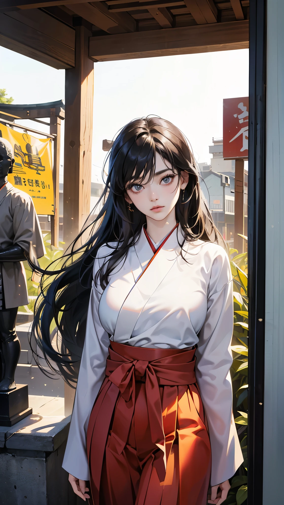 (perfect anatomy:1.2)(absurdres, highres, ultra detailed),masterpiece,best quality,high resolution,8k,Realistic face,Realistic skin texture,magnified textures, stunning clarity,detailed anime girl,(ultra detailed eyes and face),15 years old,black long hair,pale skin,Japanese shrine maiden, mysterious eyes,shrine maiden clothes,(white kimono),(The red long hakama),thin body type,big breasts,,(expressionless:1.2),Steampunk in the Edo Period、(Vivid hieroglyph signs and street advertisements:1.2)、silence、autumn、hieroglyph,souk、Ancient Egyptian statues、Shopping Street,,look at viewer,(from front:1.3),Delicate atmosphere、,cowboy shot,arms down、Looking at the viewer