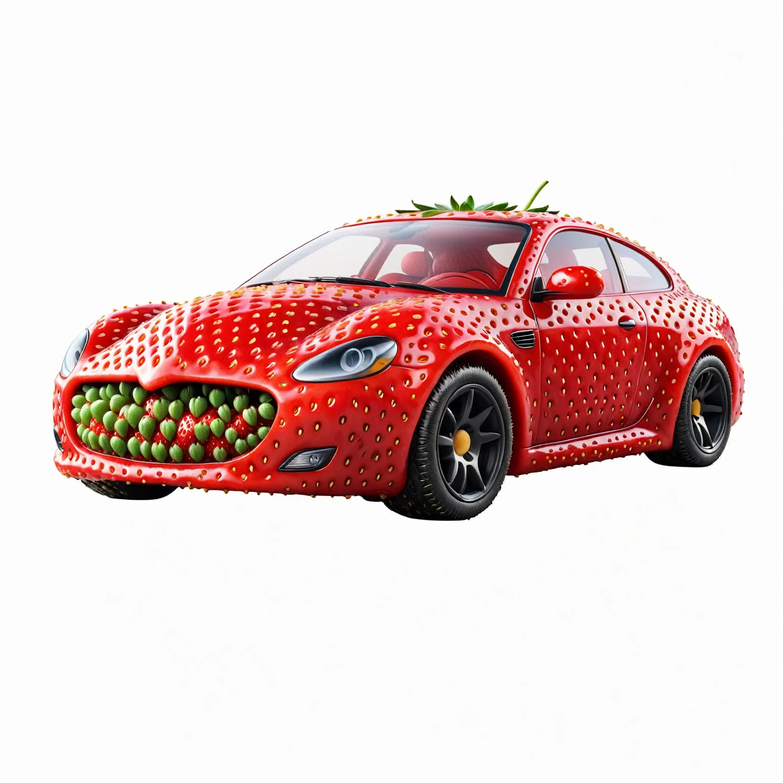 strawberry shaped like a car , textured strawberry red skin, solo, very detailed, 4k, masterpiece, morph, subject, 8k, high quality, The surface of the strawberry is dotted with numerous small seeds and has a bright red color, which is typical for ripe strawberries, White Background,strwbrrxl, ral-strawberryjam
