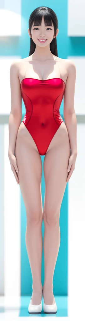 On a white background,A tall and beautiful Chinese girl,with fair skin,Toothy smile,A big smile,When you laugh, Your eyes are crescent-shaped,blunt bangs, long straight hair,Wear a one-piece swimsuit and pumps,Swimsuits are decorated with joyful patterns, Stand up straight,Stand upright,hands on sides,Symmetrical distribution,Ray tracing,All shaded areas,No windows, Soft lighting, Warm light, flood light, n, Studio light, 1.4x Realistic Ultra HD