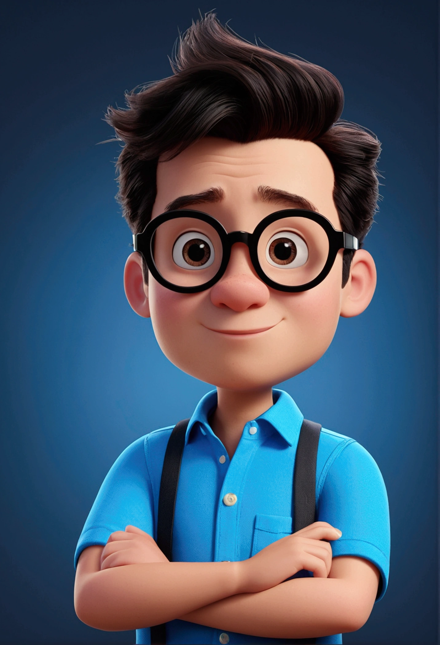 Cartoon character of a man in black glasses and blue shirt, an animated character, stylized character, animation style rendering, 3d stylized, Arnold Maya rendering, Stylized 3D rendering, toon render screenshot, 3d character, 3d character, Stylized 3D rendering, 3D character rendering, cartoon character, Personagem de close up, character posing, (Pixar-style) (master part:1.2) (bokeh) (best qualityer) (skin detailed) (detailed texture) (8k) (Argilla) (cinematic lighting) (sharp focus,Sit down and lift your upper body