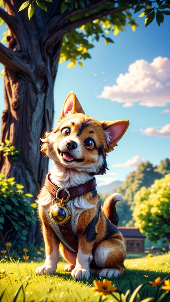 A cute puppy flying over a beautiful pastoral landscape, detailed fur, adorable expression, rolling hills, lush greenery, golden sunlight, (best quality,4k,8k,highres,masterpiece:1.2),ultra-detailed,(realistic,photorealistic,photo-realistic:1.37),HDR,UHD,studio lighting,ultra-fine painting,sharp focus,physically-based rendering,extreme detail description,professional,vivid colors,bokeh,landscape,golden hour