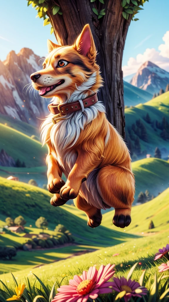 A cute puppy flying over a beautiful pastoral landscape, detailed fur, adorable expression, rolling hills, lush greenery, golden sunlight, (best quality,4k,8k,highres,masterpiece:1.2),ultra-detailed,(realistic,photorealistic,photo-realistic:1.37),HDR,UHD,studio lighting,ultra-fine painting,sharp focus,physically-based rendering,extreme detail description,professional,vivid colors,bokeh,landscape,golden hour
