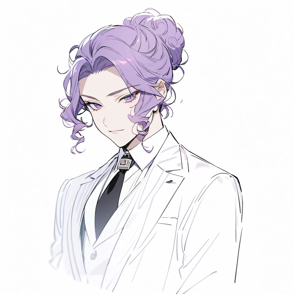 Man in suit with curly hair parted elegantly like a lock,purple hair In a bun with very curly ends ,black suit