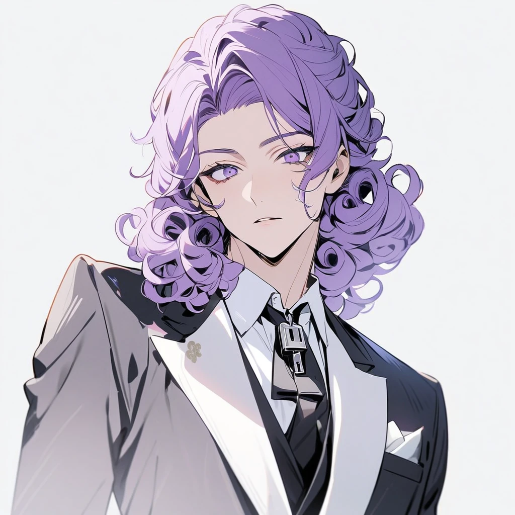 Man in suit with curly hair parted elegantly like a lock,purple hair In a bun with very curly ends ,black suit