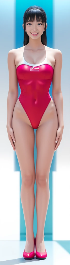 On a white background,A tall and beautiful Chinese girl,with fair skin,Toothy smile,A big smile,When you laugh, Your eyes are crescent-shaped,blunt bangs, long straight hair,Wear a one-piece swimsuit and pumps,Swimsuits are decorated with joyful patterns, Stand up straight,Stand upright,hands on sides,Symmetrical distribution,Ray tracing,All shaded areas,No windows, Soft lighting, Warm light, flood light, n, Studio light, 1.4x Realistic Ultra HD