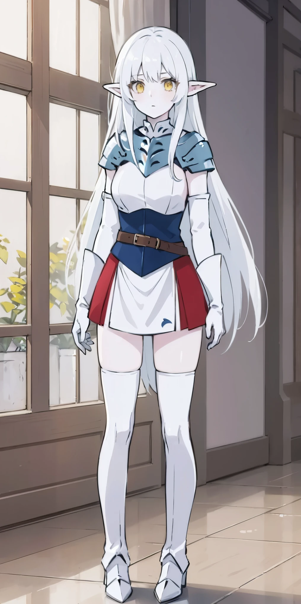 masterpiece, best quality, high quality, white SKIN elf, long hair, white hair, yellow eyes, full body, def_effie, blue breastplate, white skin, looking at viewer, shiny, armor, thigh highs, high boots, shoulder armor, faulds, poleyn, gloves, gauntlets