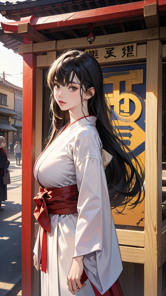 (perfect anatomy:1.2)(absurdres, highres, ultra detailed),masterpiece,best quality,high resolution,8k,Realistic face,Realistic skin texture,magnified textures, stunning clarity,detailed anime girl,(ultra detailed eyes and face),15 years old,black long hair,pale skin,Japanese shrine maiden, mysterious eyes,shrine maiden clothes,(white kimono),(The red long hakama),thin body type,big breasts,,(expressionless:1.1),Steampunk in the Edo Period、(Vivid hieroglyph signs and street advertisements:1.2)、silence、autumn、hieroglyph,souk、Ancient Egyptian statues、Shopping Street,,look at viewer,(from front:1.3),Delicate atmosphere、,cowboy shot,arms down、Looking at the viewer