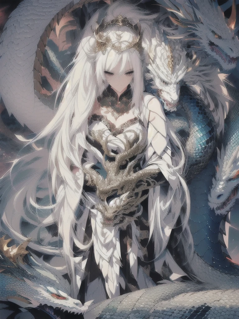 anime girl with a dragon and snake on her shoulder, queen of dragons, white haired deity, dragon girl, anime fantasy illustration, loong, detailed anime art, detailed anime artwork, detailed digital anime art, detailed anime character art, anime fantasy artwork, the dragon girl portrait, human and dragon fusion, clean detailed anime art