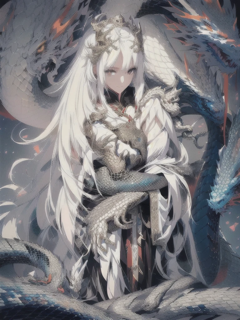 one-girl，Raised sexy，plumw，White hair，Hanfu，sportrait，There is a dragon behind it，Red eyes，(Masterpiece :1.2),[Shooting from front:1.8],(Extremely detailed:1.5),A(Best quality:1.5),(extremly high detail:1.4),Unified 8K wallpaper with best image quality,(Best picture quality :1.5),(Super detail :1.6),beautybeautiful,(Unified 8k wallpaper :1.2)（tmasterpiece，best qualityer）， 1lady， chinesedragon，The art of entanglement，Clouds， Artistically：hermann nitsch、Zdzislaw Beksinski、darius zawadzki、Giger、Dragan Bibbin and Liu He。