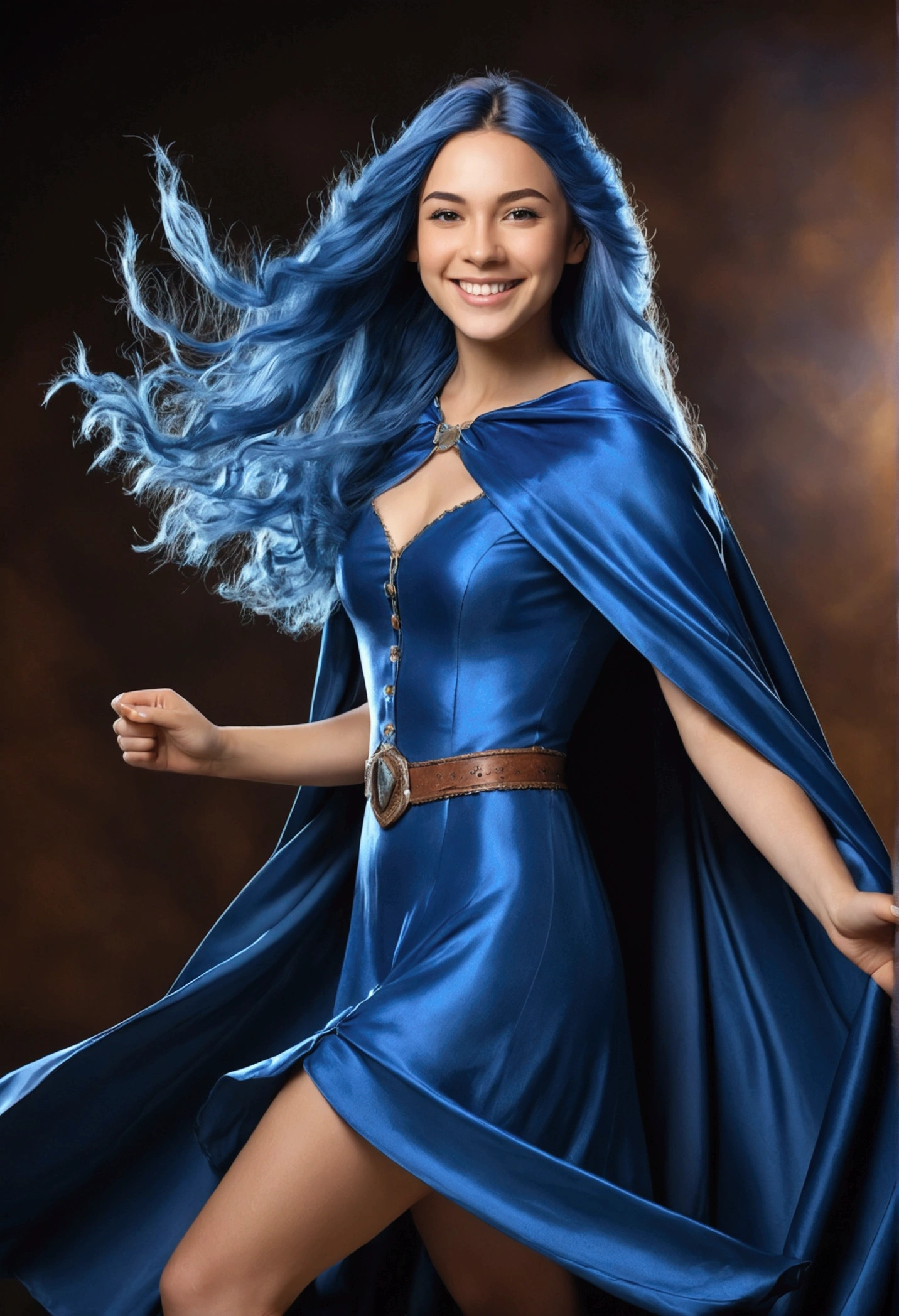 a beautiful young woman with long flowing blue hair wearing a blue dress and cape, smiling directly at the viewer, cowgirl shot, 1 person, highres, best quality, masterpiece, ultra-detailed, photorealistic, professional, vivid colors, studio lighting