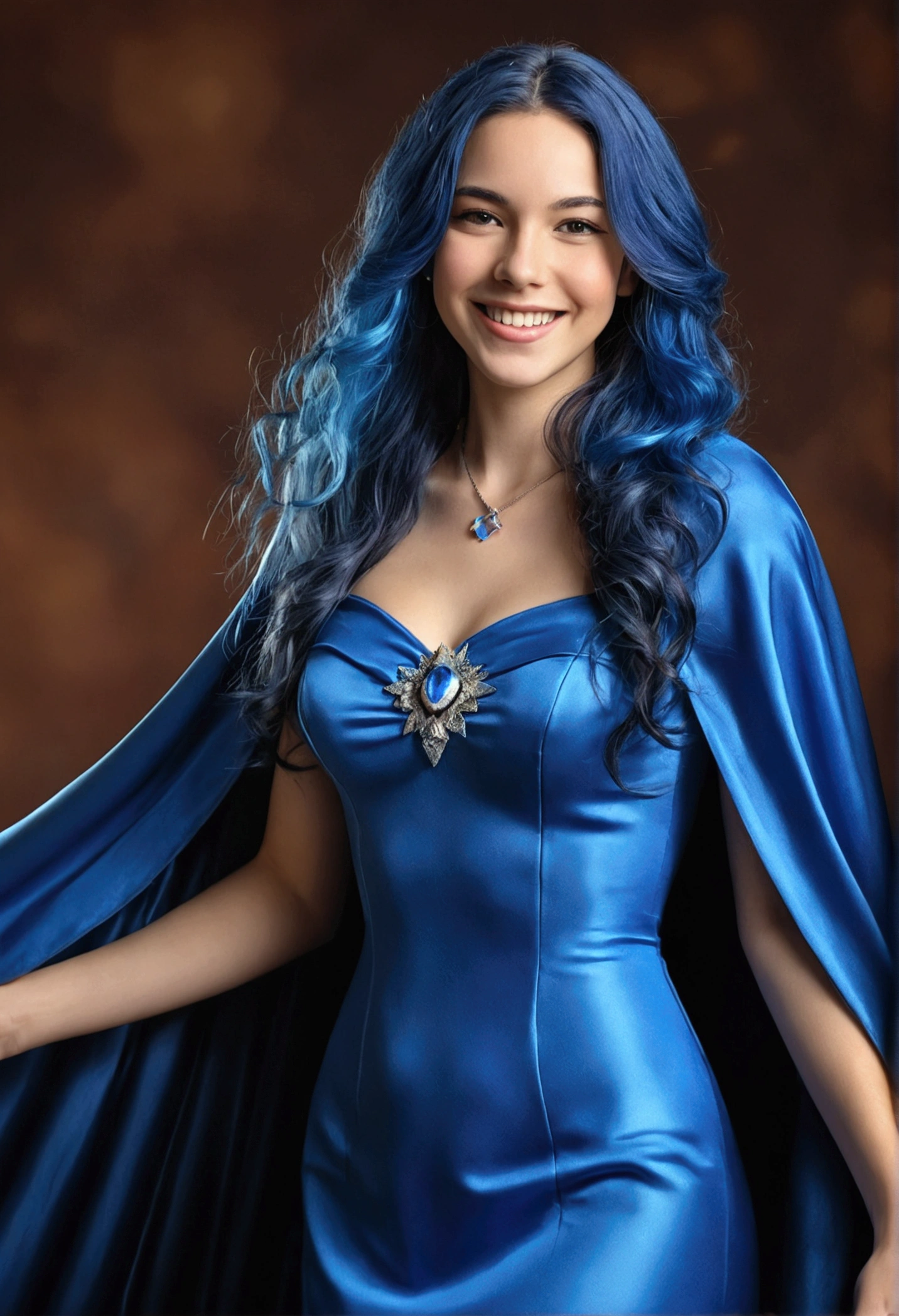 a beautiful young woman with long flowing blue hair wearing a blue dress and cape, smiling directly at the viewer, cowgirl shot, 1 person, highres, best quality, masterpiece, ultra-detailed, photorealistic, professional, vivid colors, studio lighting