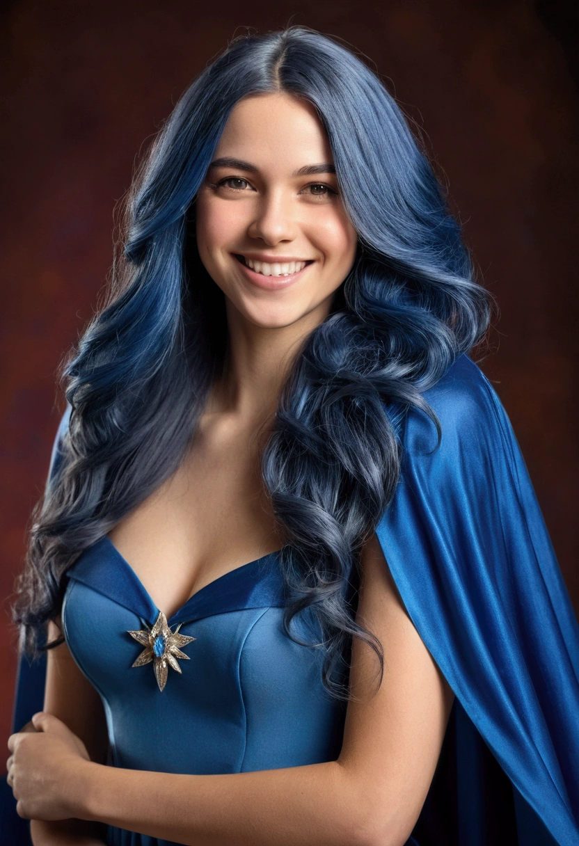 a beautiful young woman with long flowing blue hair wearing a blue dress and cape, smiling directly at the viewer, cowgirl shot, 1 person, highres, best quality, masterpiece, ultra-detailed, photorealistic, professional, vivid colors, studio lighting