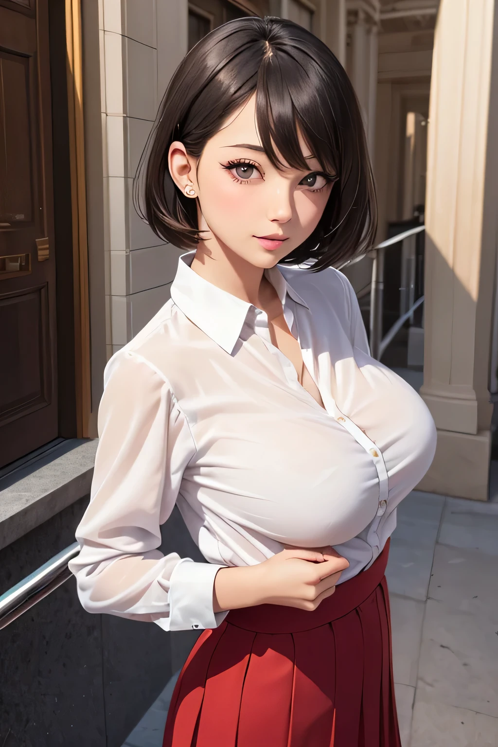 One Woman, alone, middle aged, Beautiful middle aged woman、I could see the whole body、 ((short hair)), ((Brown eyes, Beautiful eyelashes, Realistic eyes)), ((Detailed face, blush:1.2)), ((Smooth texture:0.75, Realistic texture:0.65, Realistic:1.1, Anime CG style)), ((Glamorous Body)),((Big Breasts)), Dynamic Angle, Perfect body, ((Light purple transparent blouse, Red Skirt))、(Hotel stairs)、that&#39;the wind is strong、(Very embarrassing panic smile)、I can see her panties peeking out in front of me.., Angle looking up from the top of the stairs、 (((The wind blew up her skirt、Your pants are completely visible..、Pink Floral Panty Star Piece, Highest quality, High resolution, Pixel perfect, 8k,))), 