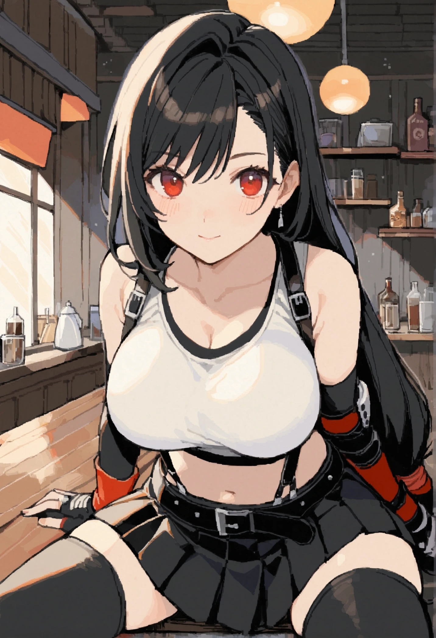 score_9, score_8_up, score_7_up,  (best quality), masterpiece,perfect ???????,(aesthetic,very aesthetic),tegaki,illustration,ultra-high resolution, 1girl, tifa lockhart, final fantasy,(beautiful woman).tareme, black hair, low-tied long hair, red eyes, bangs, white tank top,gap, belt, pleated skirt, thighhighs, elbow fingerless gloves, elbow pads, midriff, navel,suspender skirt.zettai ryouiki ,from front,(breast view),,(large_breasts),Solo,mediumshot,looking_at_viewer,,,sitting,cafe and bar, ,Framin,(Composition)