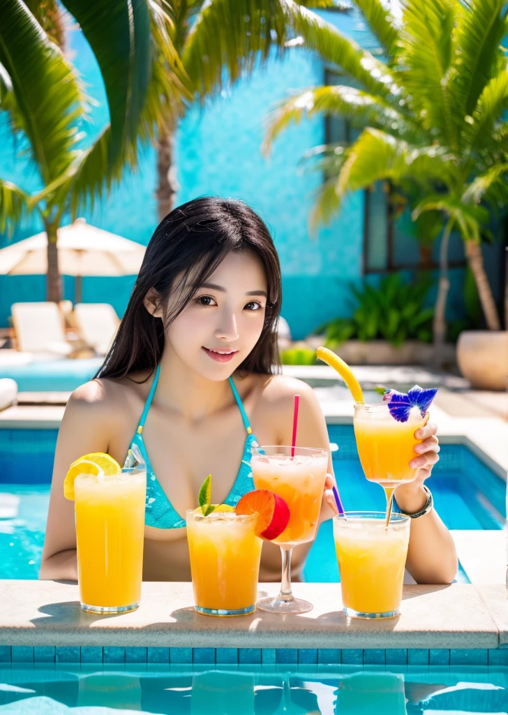 Diffuse lighting、 Highest quality, High resolution, unity 8k wallpaper、Supersaturation, Japanese、1 female、23 years old、Micro Bikini、、beautiful、Adult women、Poolside、Outdoor、Drinking tropical juices、