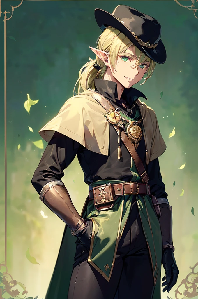 (((masterpiece; best quality: 1.2))), (finely detailed eyes: 1.3), (25 year old elf man), (solo), (green eyes: 1.4), (body; toned, fit, masculine: 1.3), (silky blonde hair in low ponytail: 1.3), (beautiful and clear background: 1.2), ((depth of field)), (equipment: adventurer garb + modest + elegant slim wide-brim hat + dark coat + tunic + dark long cape + black pants + gloves + belt + pouches: 1.3), (anime illustration: 1.2), (background composition; royal garden: 1.1), (extremely fine and handsome: 1.1), (shot composition; standing + centered on torso + close-up: 1.5), (expression; calm, smile: 1.2)
