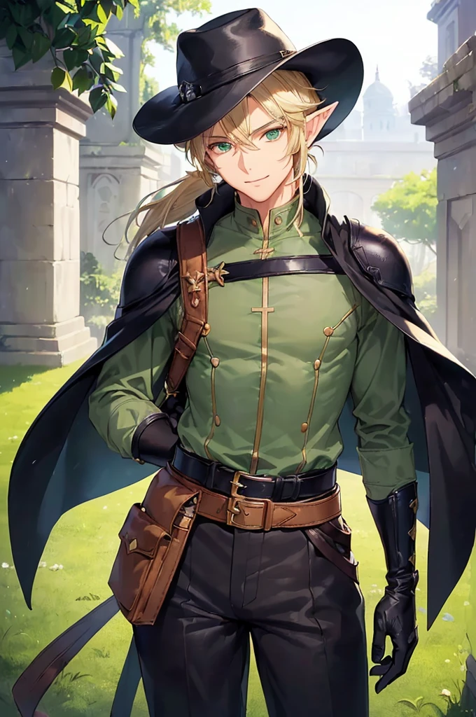 (((masterpiece; best quality: 1.2))), (finely detailed eyes: 1.3), (25 year old elf man), (solo), (green eyes: 1.4), (body; toned, fit, masculine: 1.3), (silky blonde hair in low ponytail: 1.3), (beautiful and clear background: 1.2), ((depth of field)), (equipment: adventurer garb + modest + elegant slim wide-brim hat + dark coat + tunic + dark long cape + black pants + gloves + belt + pouches: 1.3), (anime illustration: 1.2), (background composition; royal garden: 1.1), (extremely fine and handsome: 1.1), (shot composition; standing + centered on torso + close-up: 1.5), (expression; calm, smile: 1.2)
