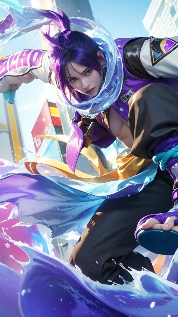 This is an image of a character in a fighting game. The character has a blue and purple outfit and is performing a move in the air.