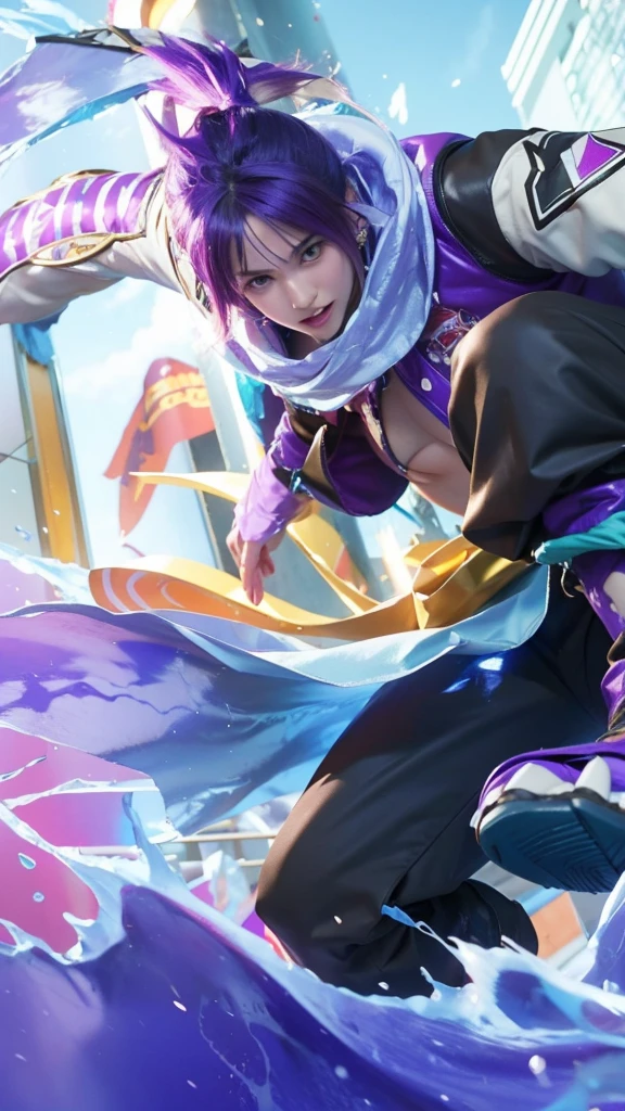 This is an image of a character in a fighting game. The character has a blue and purple outfit and is performing a move in the air.