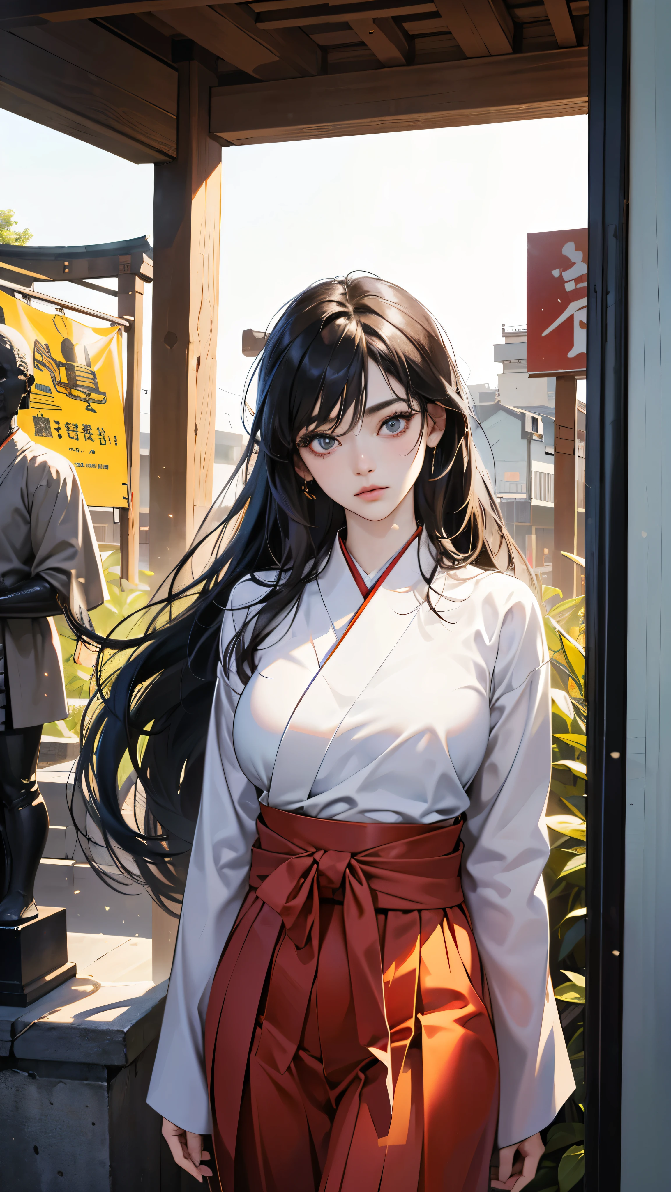 (perfect anatomy:1.2)(absurdres, highres, ultra detailed),masterpiece,best quality,high resolution,8k,Realistic face,Realistic skin texture,magnified textures, stunning clarity,detailed anime girl,(ultra detailed eyes and face),,black long hair,pale skin,Japanese shrine maiden, mysterious eyes,shrine maiden clothes,(white kimono),(The red long hakama),thin body type,big breasts,,(expressionless:1.2),Steampunk in the Edo Period、(Vivid hieroglyph signs and street advertisements:1.2)、silence、autumn、hieroglyph,souk、Ancient Egyptian statues、Shopping Street,,look at viewer,(from front:1.3),Delicate atmosphere、,cowboy shot,arms down、Looking at the viewer