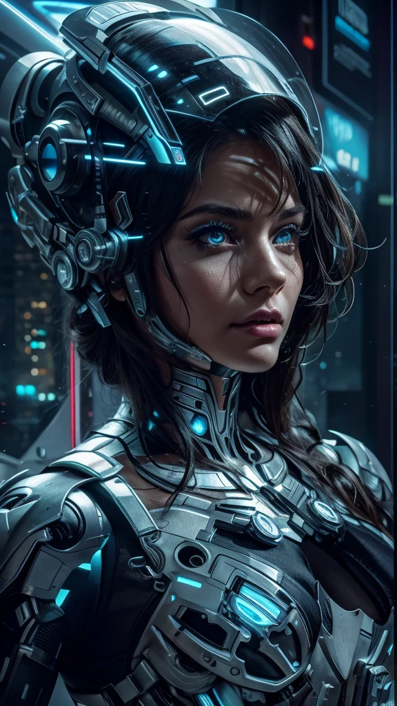 a cyborg woman in a cyberpunk scene, highly detailed, photorealistic, 8k, hyper detailed, cinematic lighting, dramatic shadows, neon lights, futuristic city in the background, advanced technology, glowing cyber implants, intricate mechanical parts, intense gaze, stoic expression, dynamic pose, sleek bodysuit, android, (best quality,4k,8k,highres,masterpiece:1.2),ultra-detailed,(realistic,photorealistic,photo-realistic:1.37),cinematic,dramatic,cyberpunk,science fiction,concept art style