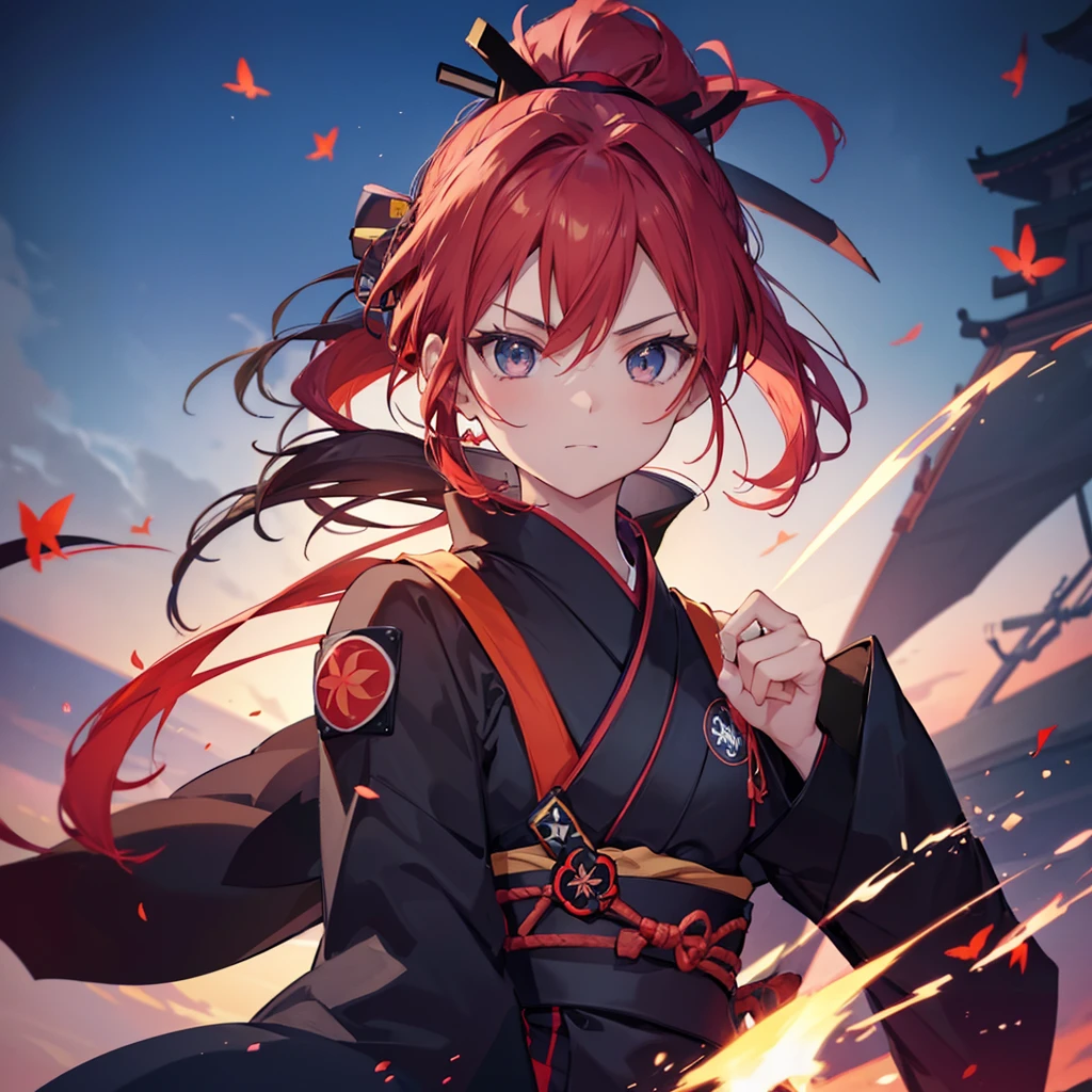 ((((Ninja、1 person Shuriken)))) (((Redhead、ponytail Black kimono、red band Goddess of victory Jump))) ((Red butterfly night Japanese style、old shoulder)) (moon、star autumn) Shining Edges Shining Background