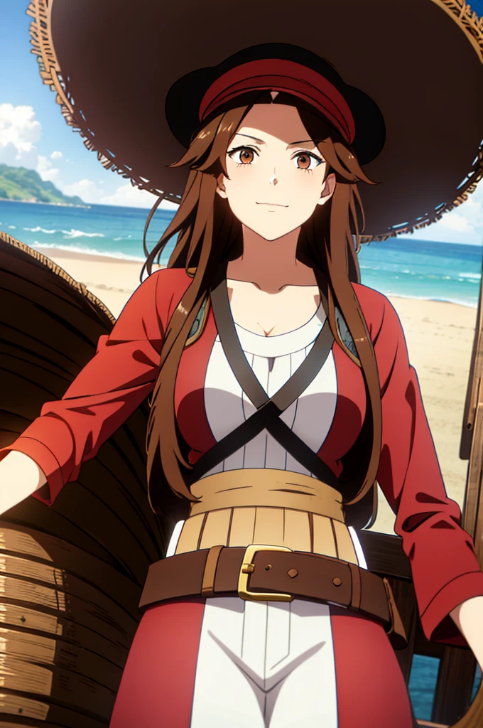 1 female, medium length brown hair, hazel eyes, wearing pirate outfit, at the helm of a pirate ship, wearing straw hat with red band, wearing straw hat
