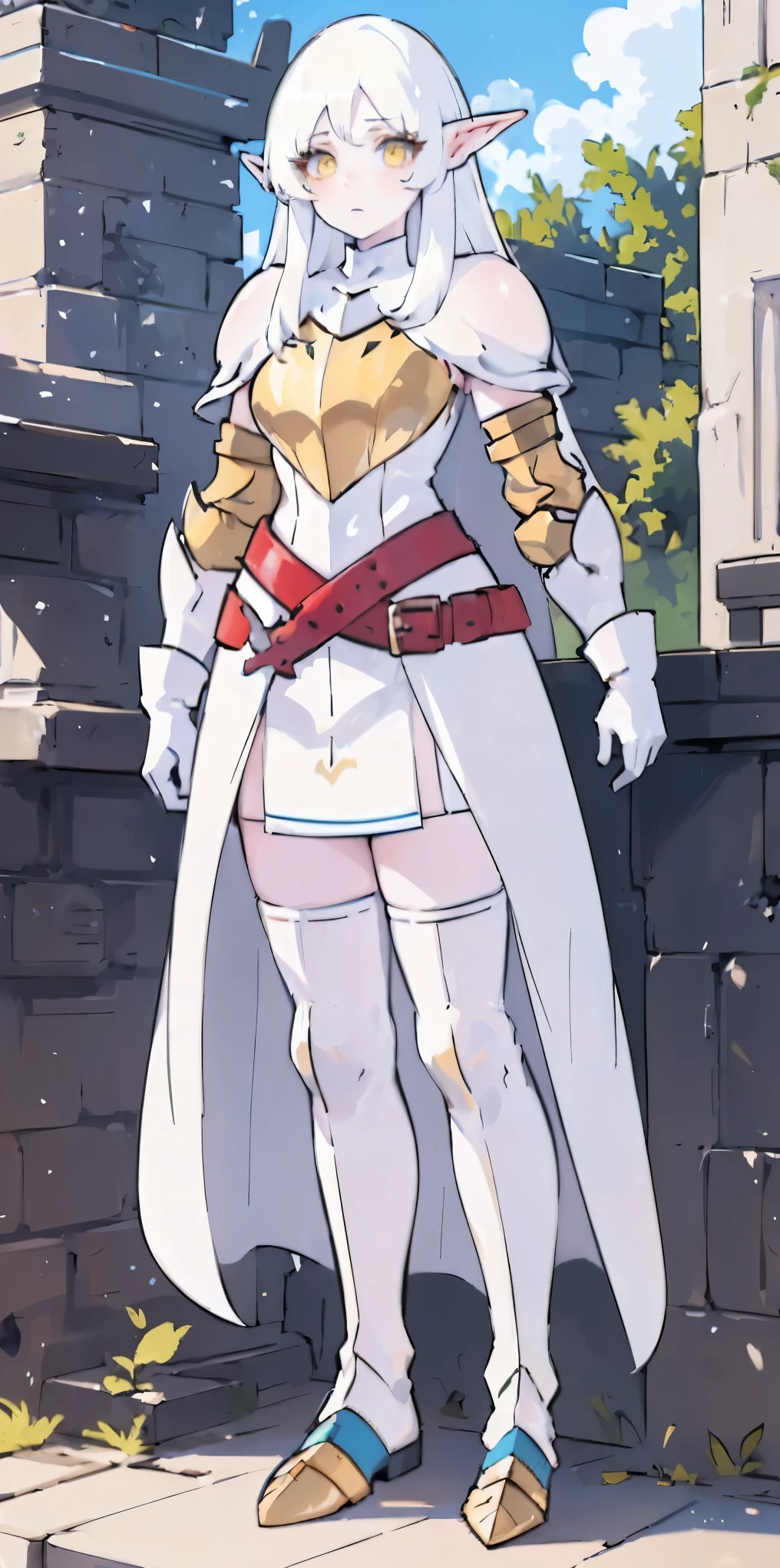 masterpiece, best quality, high quality, white SKIN elf, long hair, white hair, yellow eyes, full body, def_effie, blue breastplate, white skin, looking at viewer, shiny, armor, thigh highs, high boots, shoulder armor, faulds, poleyn, gloves, gauntlets