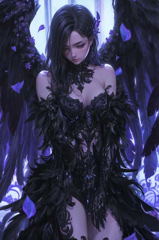 Beautiful flower witch, Futuristic Gothic style, Highly detailed face and body, Anime Style, Realistic, Cinema Lighting, Intricate floral pattern, Mysterious Wings, Dramatic Pose, Moody color palette, Volumetric Light Effects, Ultra-realistic textures, Flamboyant Gothic architecture, Amazing digital art