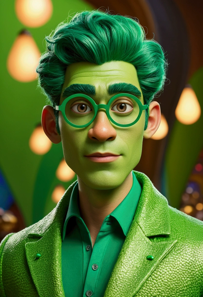 Character from the film in Disney Pixar 3D style, a tall, strong young man with light green skin , wearing an avocado green king's outfit with a proud face and emerald green eyes, 8K quality vibrant colorful background