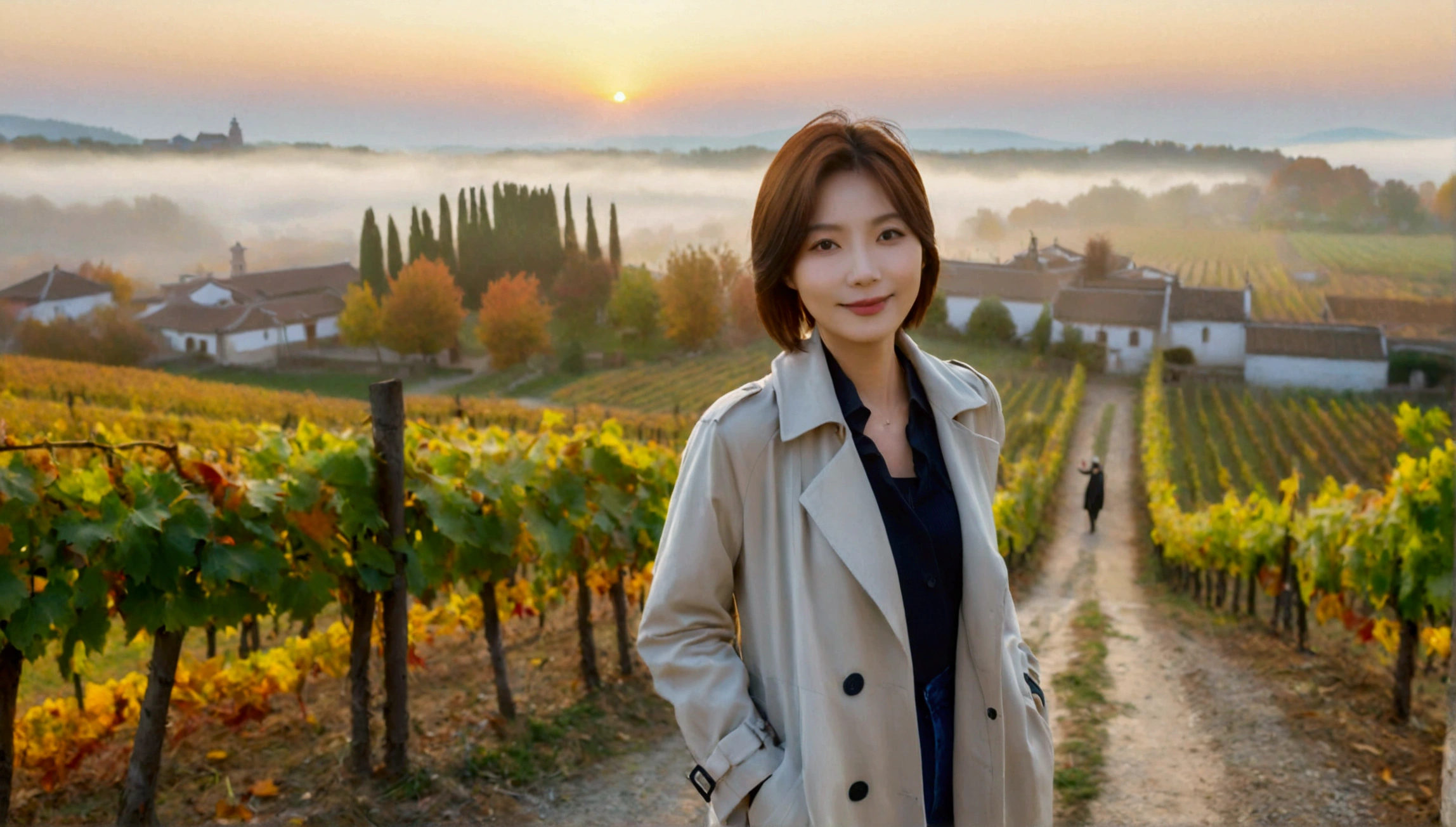 8k, 36 year old Korean woman, pretty like a model, Short hair, light trench coat, casual pants, autumn, Dawn fog, path, vineyard, monastery, italian countryside village, Vivid picture quality, Realistic perfect picture quality, dawn fog, Wide angle lens shot from afar, Vivid picture quality, Delicate and perfect picture quality, Smiley
