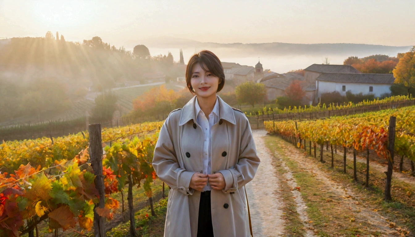 8k, 36 year old Korean woman, pretty like a model, Short hair, light trench coat, casual pants, autumn, Dawn fog, path, vineyard, monastery, italian countryside village, Vivid picture quality, Realistic perfect picture quality, dawn fog, Wide angle lens shot from afar, Vivid picture quality, Delicate and perfect picture quality, Smiley