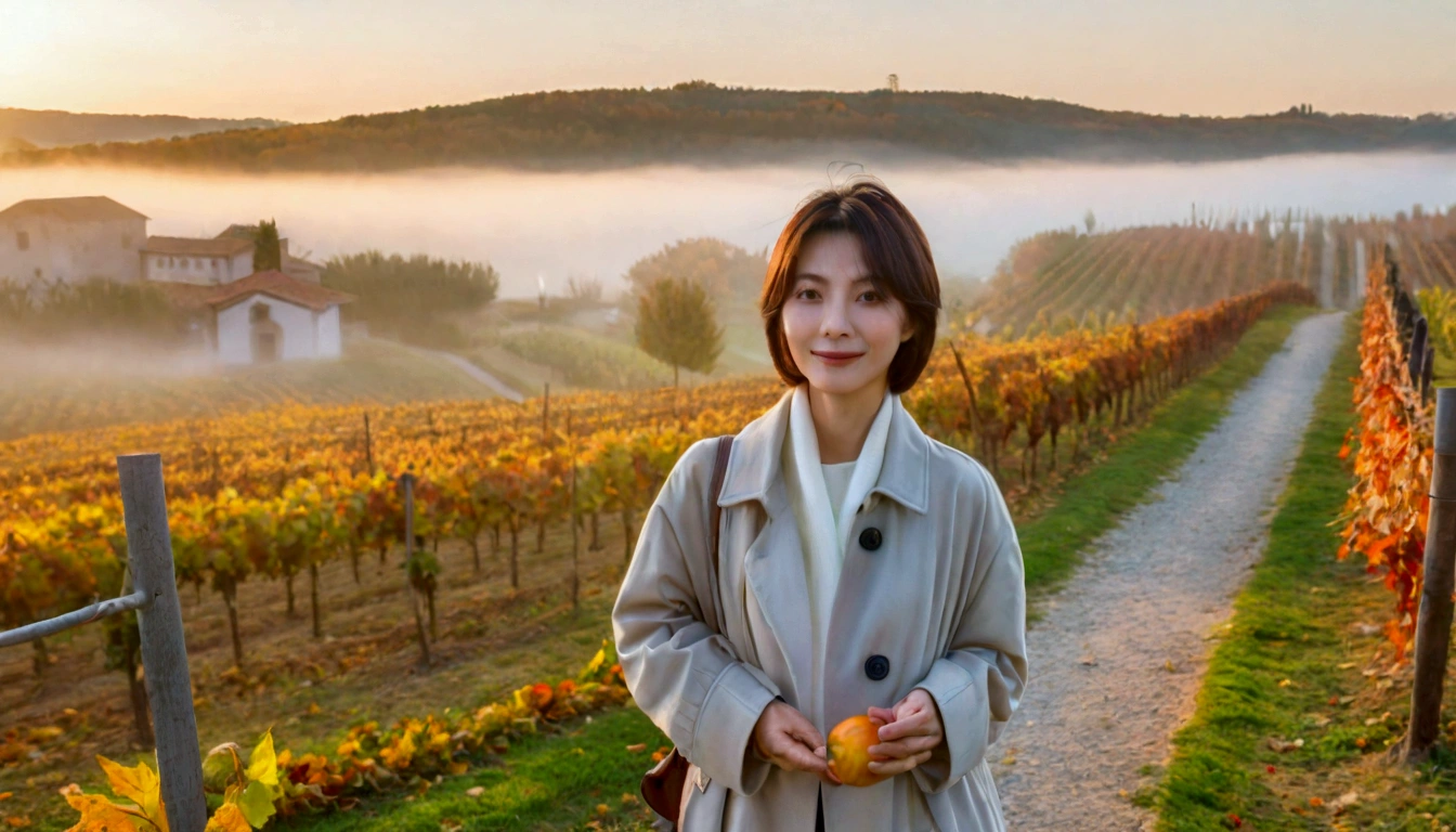 8k, 36 year old Korean woman, pretty like a model, Short hair, light trench coat, casual pants, autumn, Dawn fog, path, vineyard, monastery, italian countryside village, Vivid picture quality, Realistic perfect picture quality, dawn fog, Wide angle lens shot from afar, Vivid picture quality, Delicate and perfect picture quality, Smiley