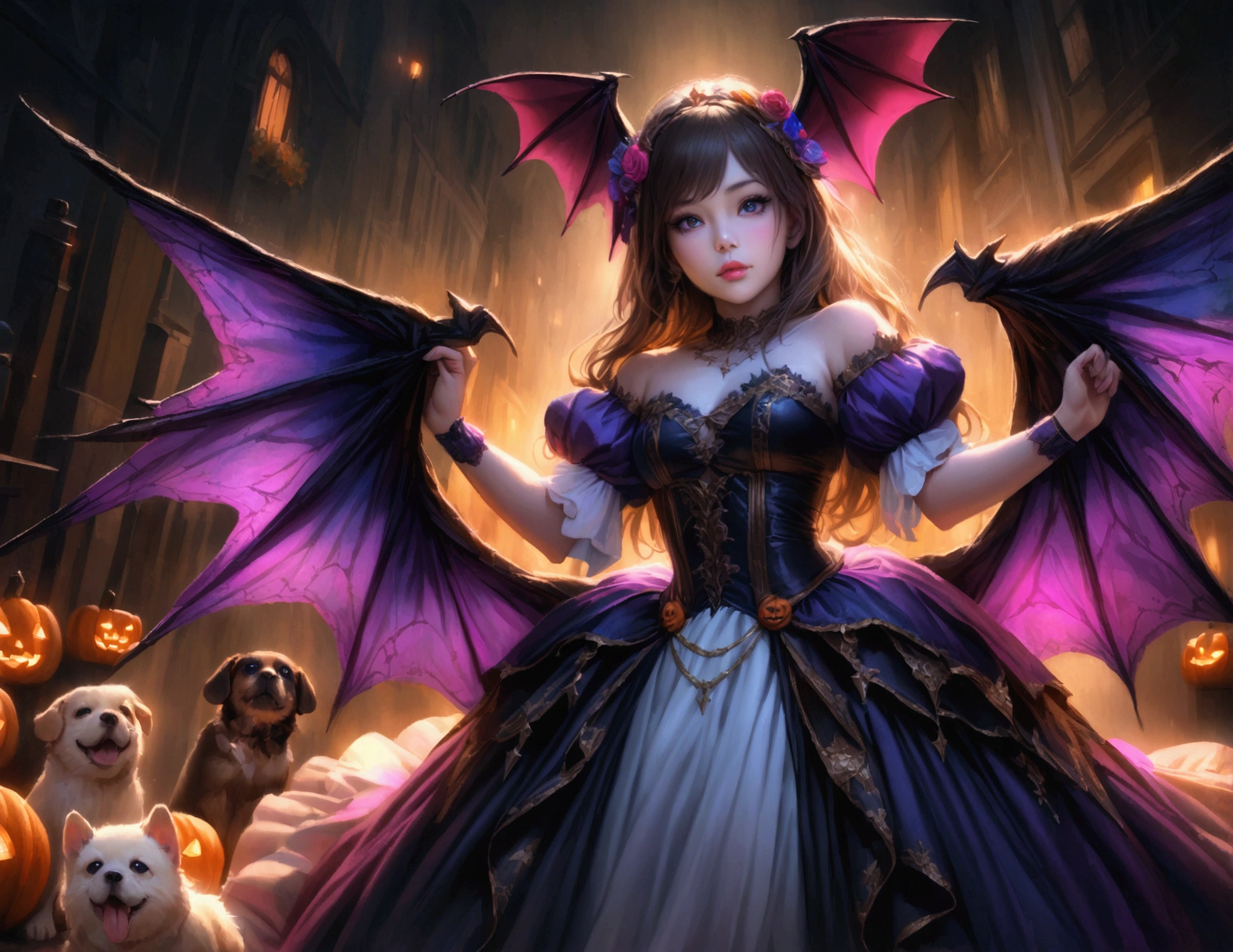 a cute puppy with bat wings, halloween night, chasing a girl in a princess costume, 1 puppy, 1girl, extremely detailed, highly detailed, 8k, photorealistic, realistic lighting, beautiful detailed eyes, beautiful detailed lips, incredible detail, intricate details, ethereal, whimsical, magical, fantasy, moody, atmospheric, dramatic lighting, vibrant colors, rich colors