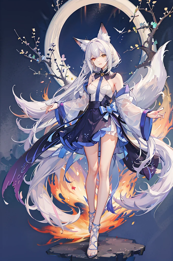 The nine-tailed fox is white, with a magic circle behind it