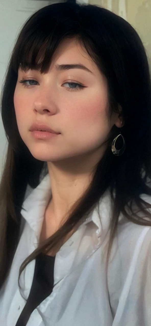 Flat colors, close up, portrait of sexy dark headed 18 year old, curious facial expression, beautiful, casual, large fake breasts, clevage,
Masterpiece, ((simply grey background))