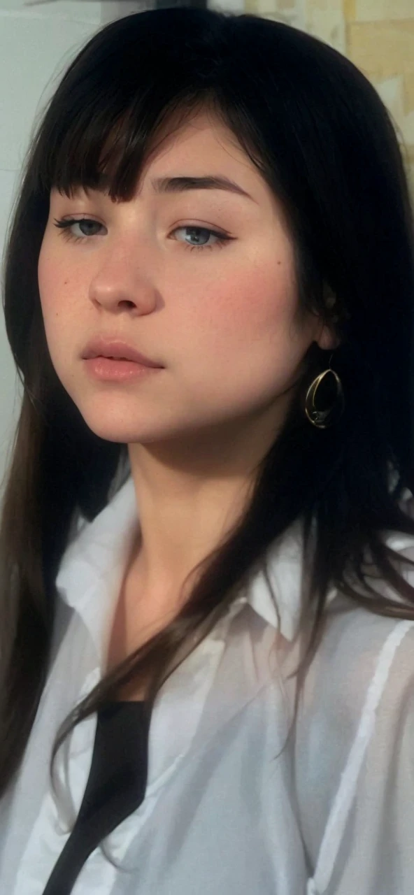 Flat colors, close up, portrait of sexy dark headed 18 year old, curious facial expression, beautiful, casual, large fake breasts, clevage,
Masterpiece, ((simply grey background))